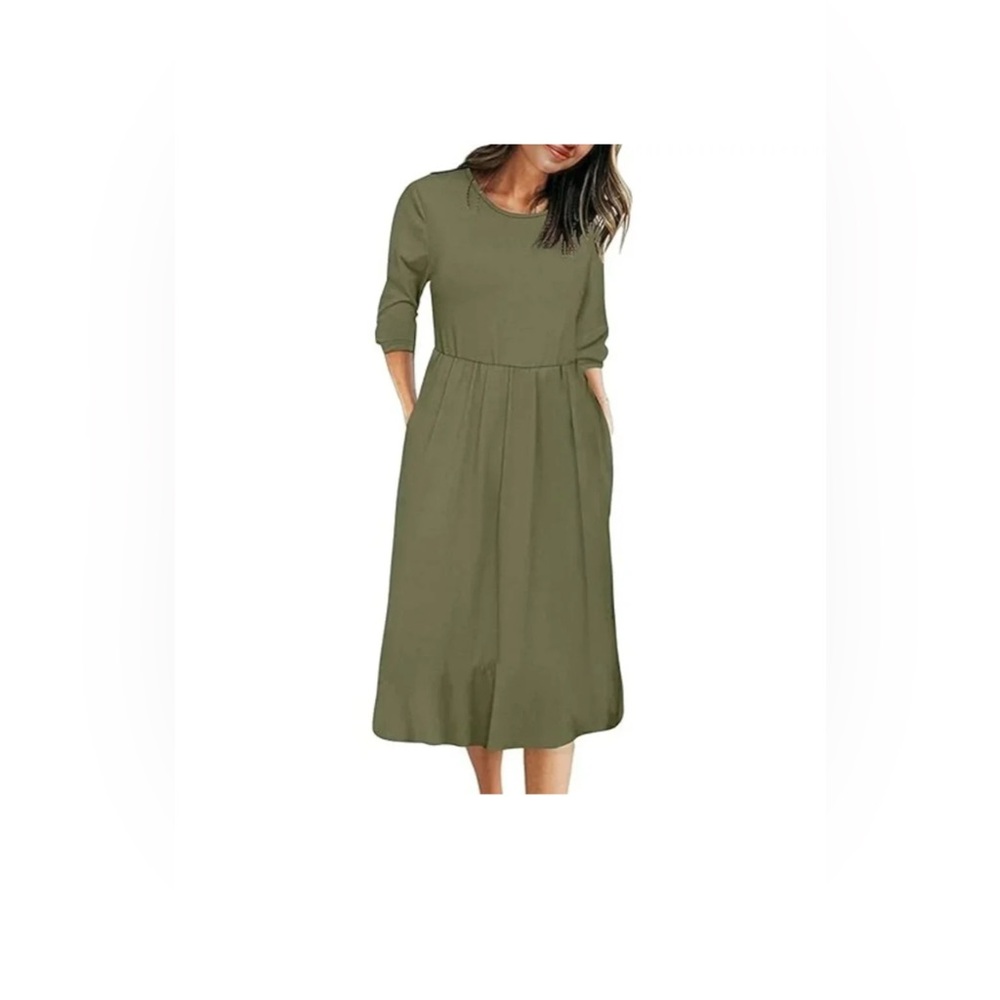 Olive Green Midi Dress with Pockets